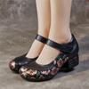 Туфли-лодочки с принтом в этническом стиле, универсальная женская обувь из натуральной кожи с круглым носком, на толстом каблуке и мягкой подошве