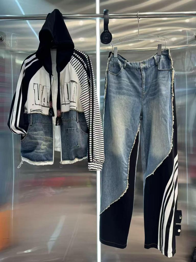 Женская джинсовая ветровка в европейском стиле, весна 2026, пэчворк, с принтом из букв