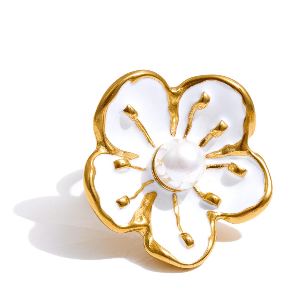 Eetit Popular Style White Enamel Pearl Korean Flower Earrings Ring Set Stainless Steel Daily Arrivals Jewelry Water Resistant