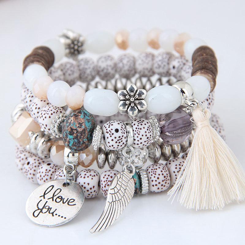 LUXY MOON Exquisite Opal Wings Love Beaded Bracelet Multi-circle Tassel Bracelet Retro Ethnic Style