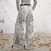 unifree Letter Print Tie-Dye Distressed Loose Straight-Leg Pants