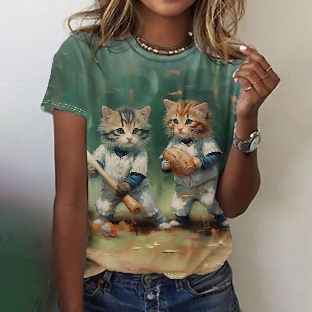 Fun Animal Pattern Women's T-shirt Cat Print Casual Short Sleeved Top