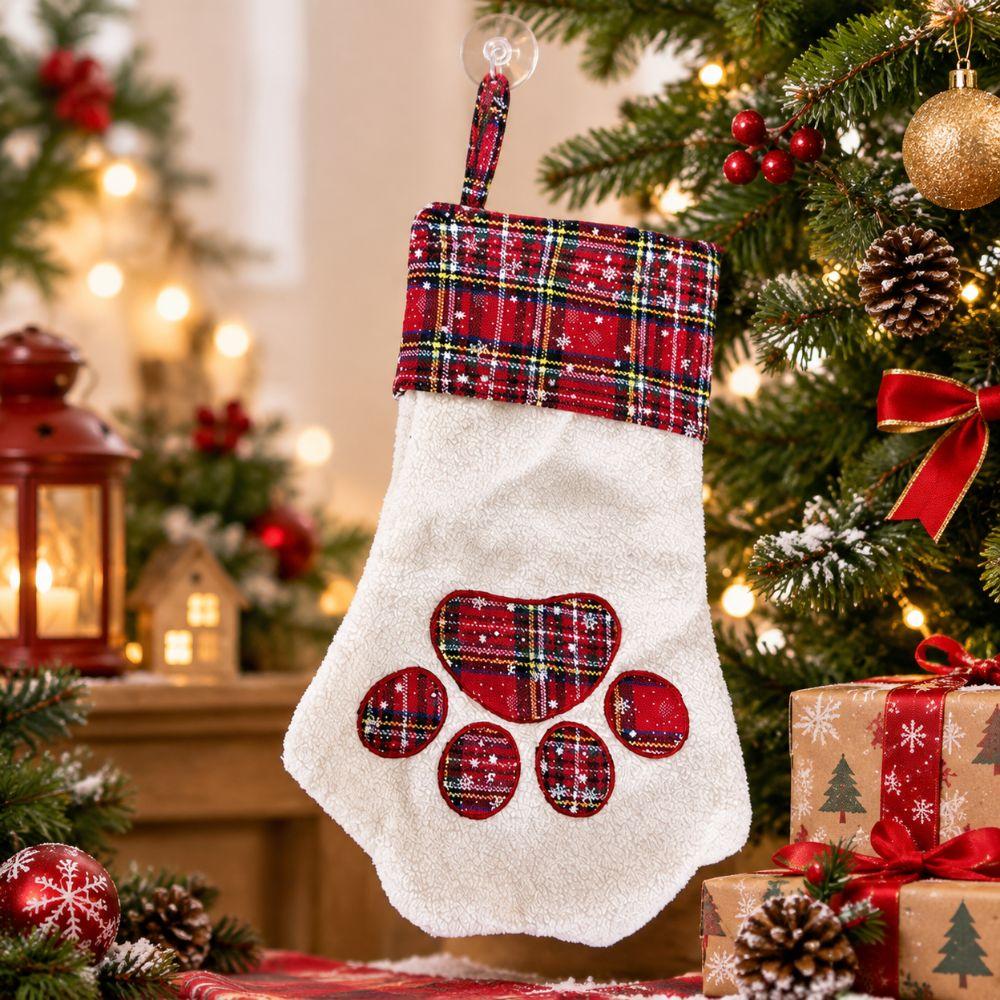 Paw Print Christmas Stocking Plush Gift Bag Xmas Gifts Christmas Ornament Sock Pets