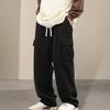 Men Pants Elastic Waist Adjustable Drawstring Long Pants with Flap Pockets Solid Color Loose Fit Corduroy Pants