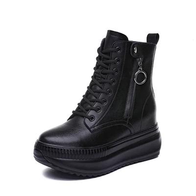 Модные 8 см коровья натуральная кожа весна осень зима плюшевые теплые кроссовки на платформе танкетка скрытый каблук толстые очень высокие каблуки женские сапоги