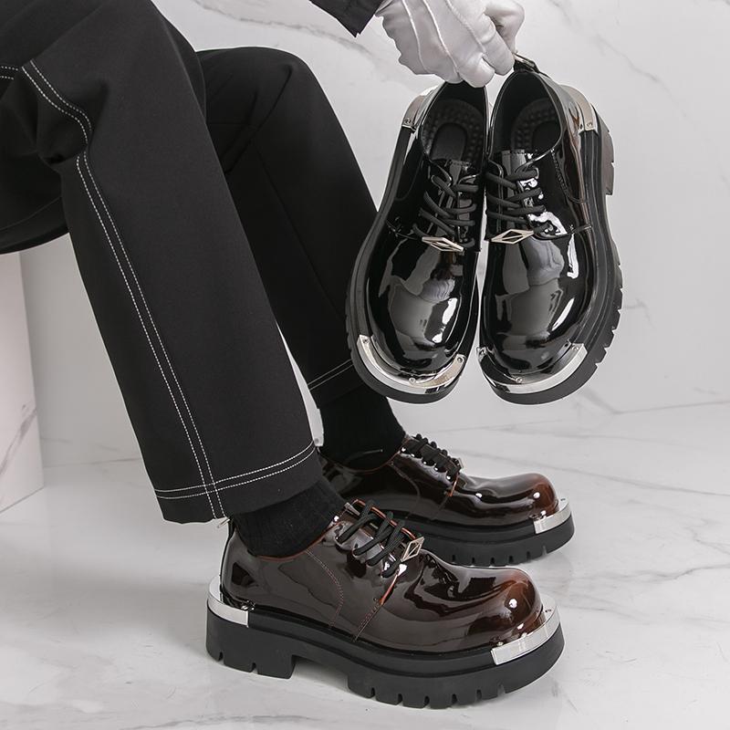 Модные мужские туфли дерби для бизнеса с увеличением роста, черные, коричневые, мужские, на толстой подошве, противоскользящие, модные, с большой головкой, рабочая обувь, кожаные туфли