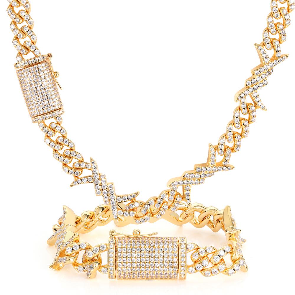 European Hip Hop Simple Personality Iron Wire Chain Zircon Cuban Link Chain Real Gold Electroplated Hiphop Thorn Bracelet Necklace