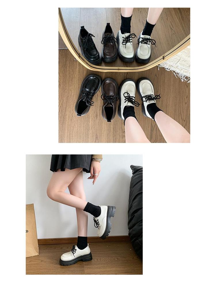 Женские кожаные мокасины в британском стиле на толстой подошве: Весна/Осень, круглый носок, шнуровка, в японском стиле JK, универсальный толстый каблук