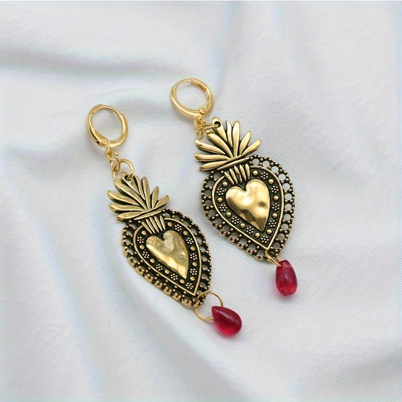 Heart Shape with Ruby Zinc Alloy Decor Golden / Silvery Dangle Earrings Retro Elegant Style Delicate Gift for Lovers