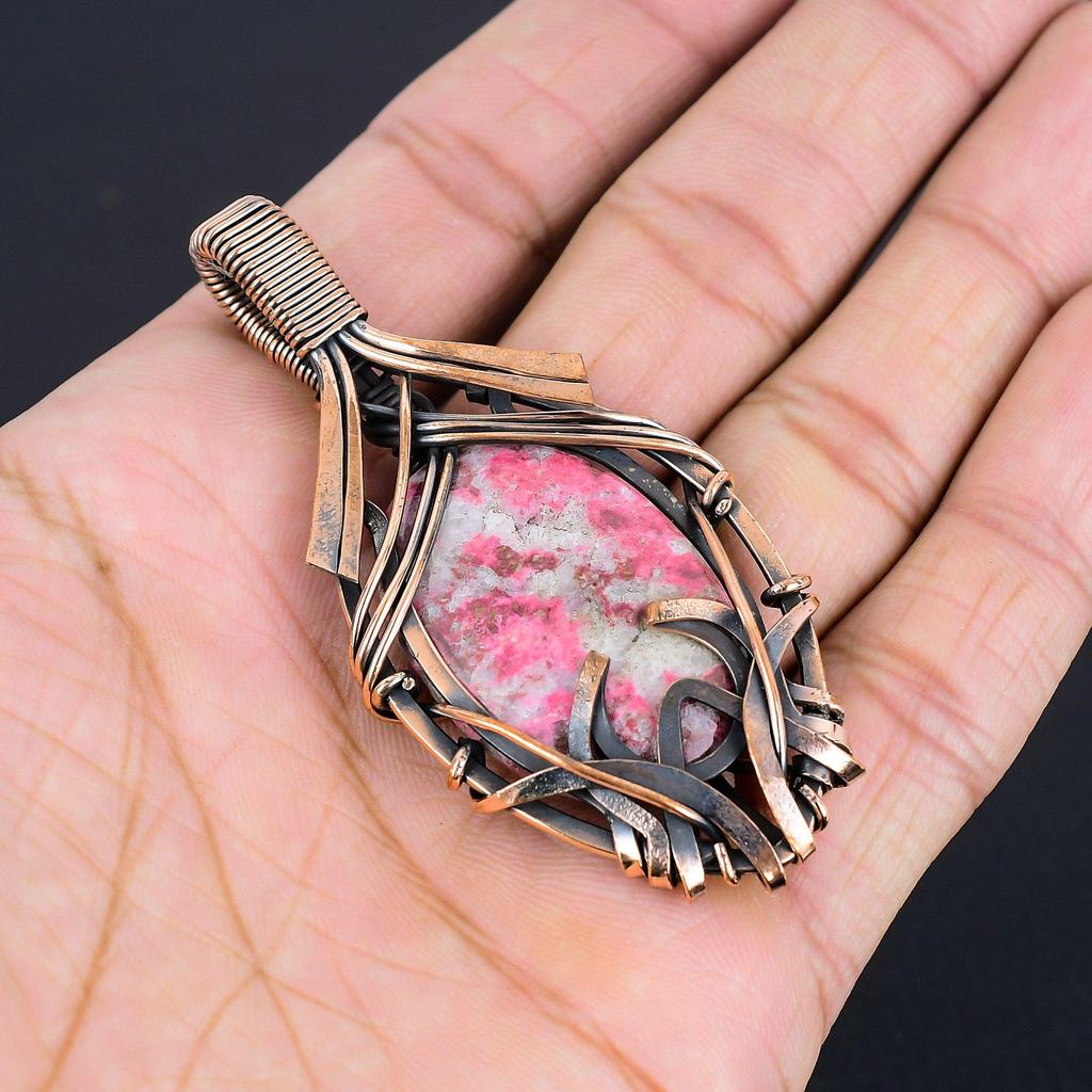 Pink Thulite Gemstone Pendant 999 Copper Wire Wrapped Jewelry, Handmade Antique Pendant Jewelry, Gift For Mother