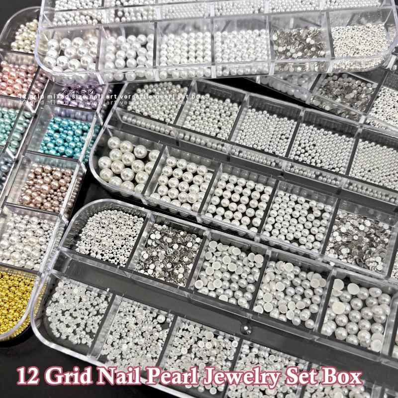 6/12 Grids/Box Colorful Round Pearls Nail Beads Charms Caviar Jewels Half Round Pearl Gems for DIY Nail Art Decoration