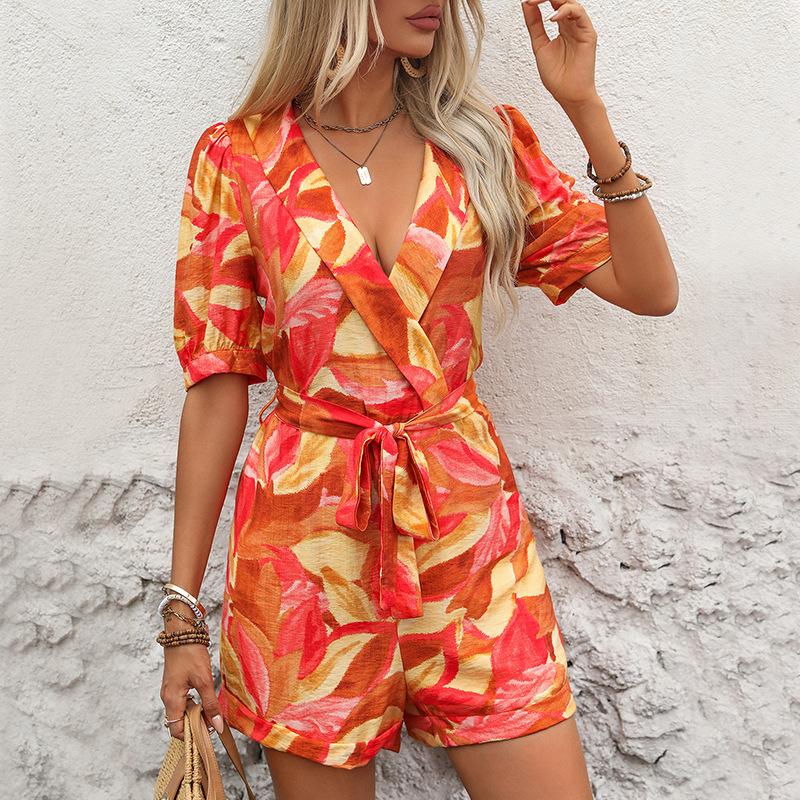 YYFS Женские модные повседневные летние весенние комбинезоны и комбинезоны с v-образным вырезом и короткими рукавами