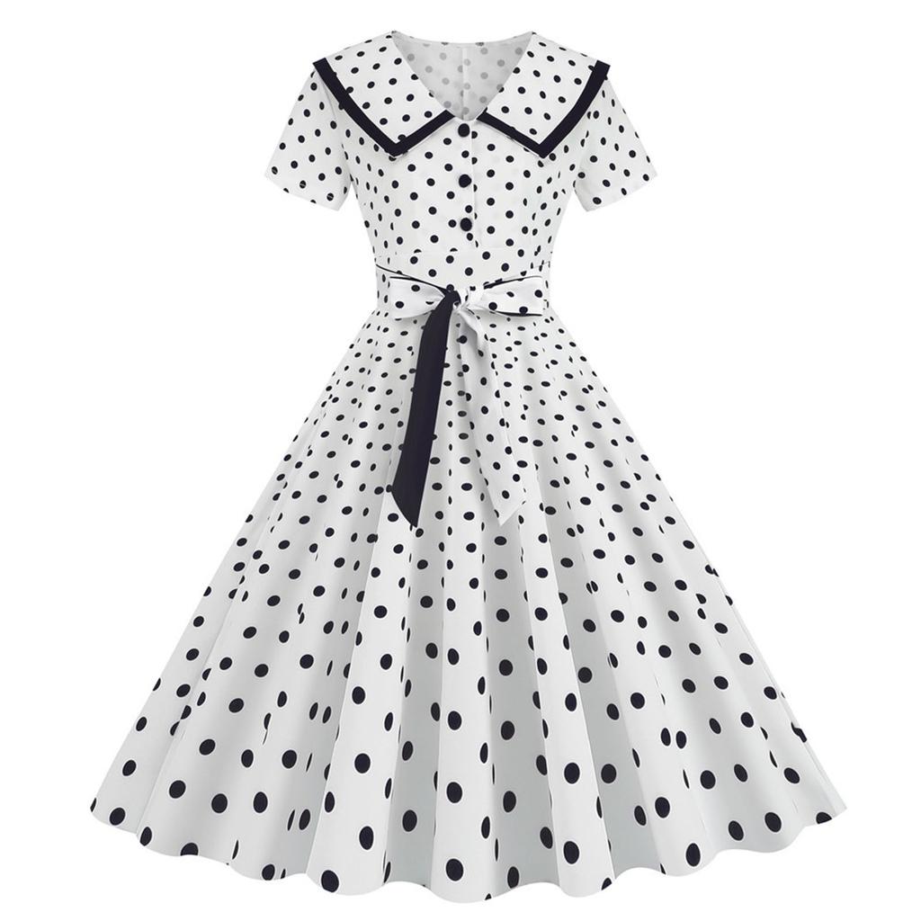 Women's Fashion Lapel Vintage Polka Dot Print Maxi Dress With Belt