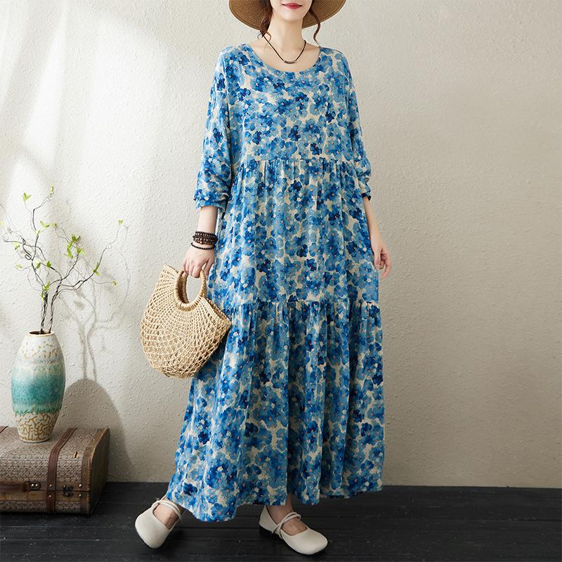 Autumn Thin Cotton Linen Fat MM Long Sleeved Loose Casual Slimming Cake Big Swing A-line Dress for Women Dresses