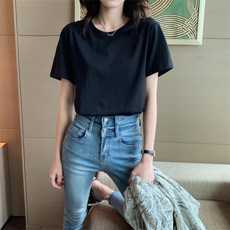 Pure cotton versatile t-shirt women's short sleeved new loose and thin style with solid color inside, slimming top JS