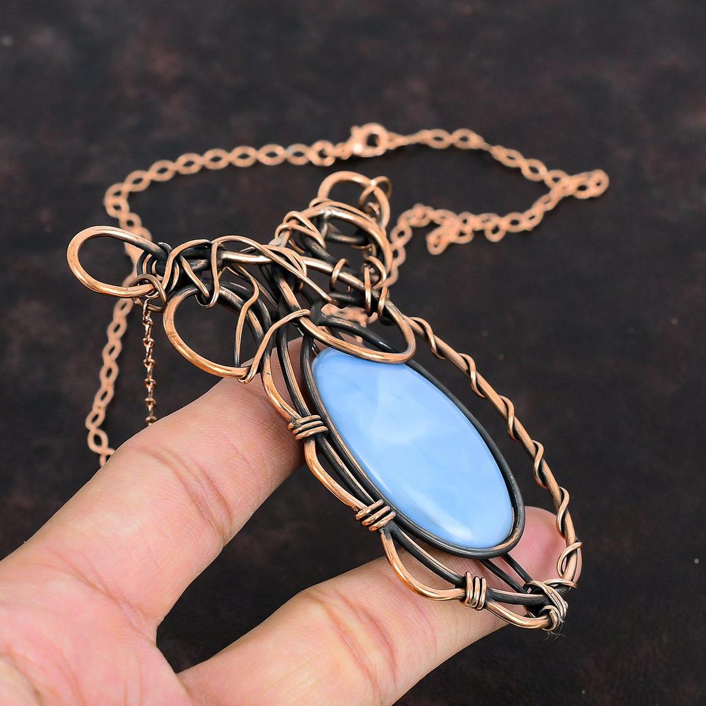 Ожерелье с голубым опалом Оуайхи, обернутое медной проволокой, ожерелье с регулируемой цепочкой, ювелирные изделия из меди с драгоценными камнями, ожерелье ручной работы, подарки на помолвку
