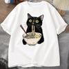 Noodle Ramen Cat T-Shirt Foodie Lover T Shirts Black Cat Noodle T-Shirts Retro Short Sleeve Tshirt for Men Women Clothes