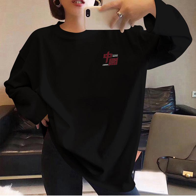 Девичья хлопковая футболка свободного кроя с длинным рукавом - Черная, Модный весенне-осенний топ, Универсальный студенческий стиль.