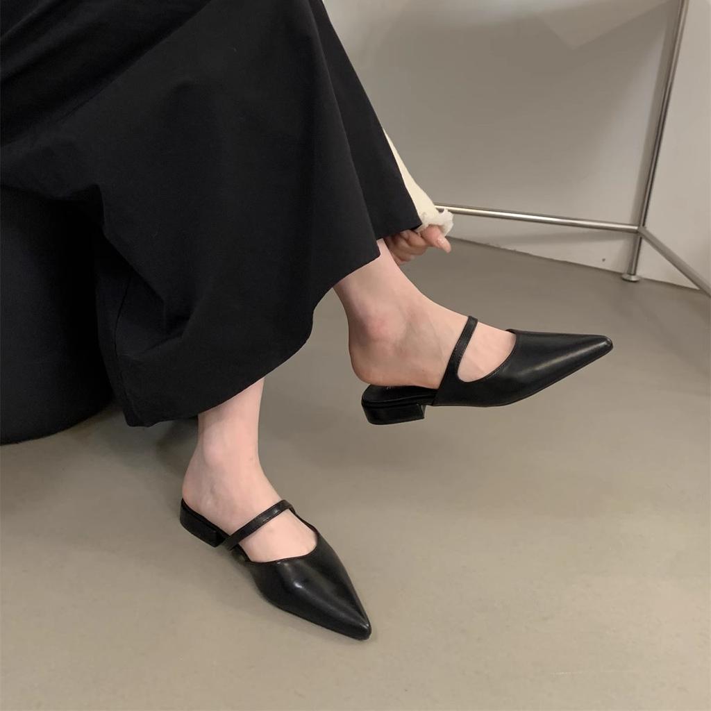 Women's Bag Head and Half Slippers, Women's Wear Pointed Soft Leather Shoes, Gentle Flat Sandals