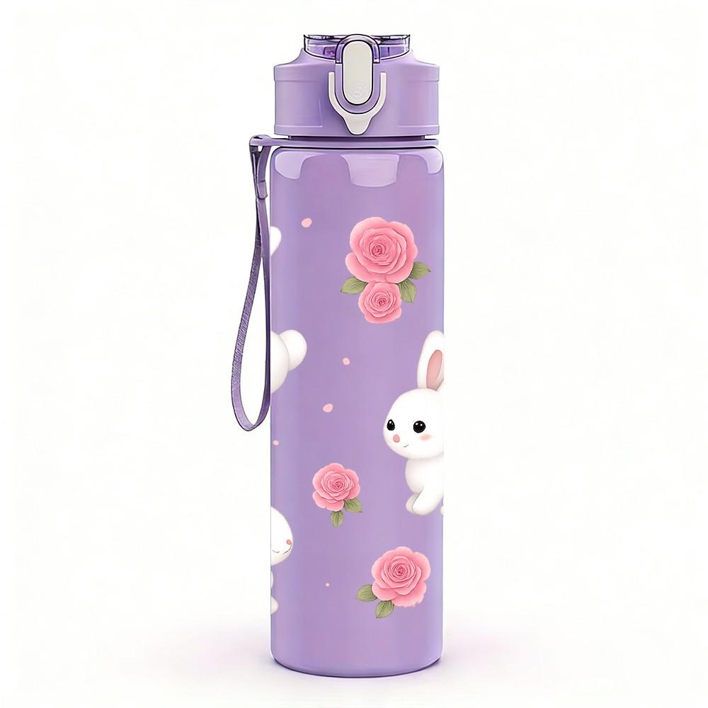 1PC Cute Bunny Floral Easter Pattern 750ml Color Plastic Sports Water Bottle Leakproof Flip Straw Lid Suitable for Sports Office Home Use