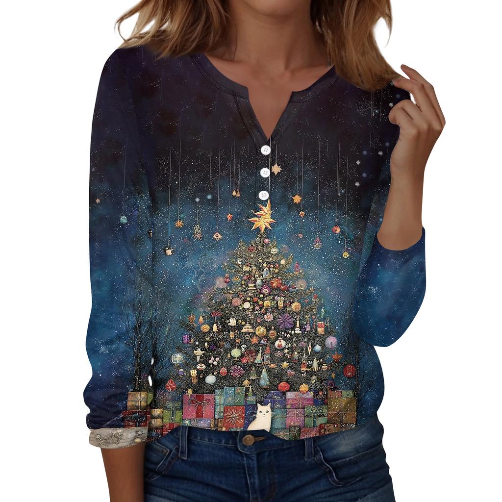 Women's Fashion Casual V-Neck Long Sleeve Decorative Button Christmas Print Top