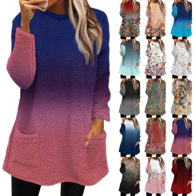 Женская мода повседневная плюшевая толстовка с длинным рукавом с принтом и карманами