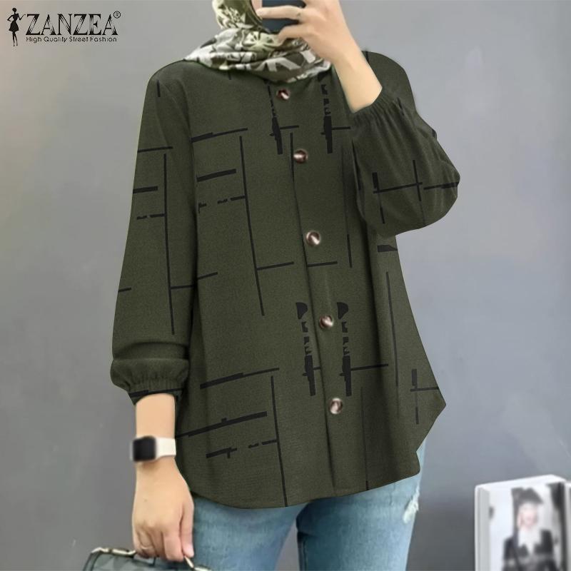 ZANZEA Женская повседневная блузка с длинным рукавом и круглым вырезом в стиле ретро с принтом