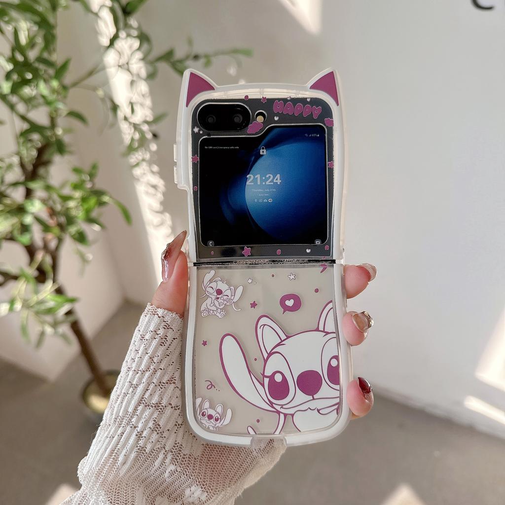 Милый 3D Чехол-Кот с Ушками и Стичем для Мультяшного Телефона Samsung Galaxy Z Flip 3 4 5 6 7 7FE Кавайный Защитный Чехол с Бусинным Шнурком