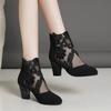 Fashion Women High Heels Lace Flower Ankle Strap Hollow Out Sandals Round Toe Zip Pumps