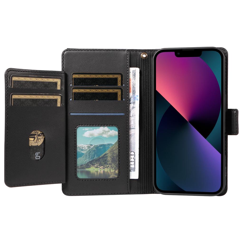 For iPhone 14 Plus Case with Multi-Card Holder and Strap PU Leather Phone Cover Stand