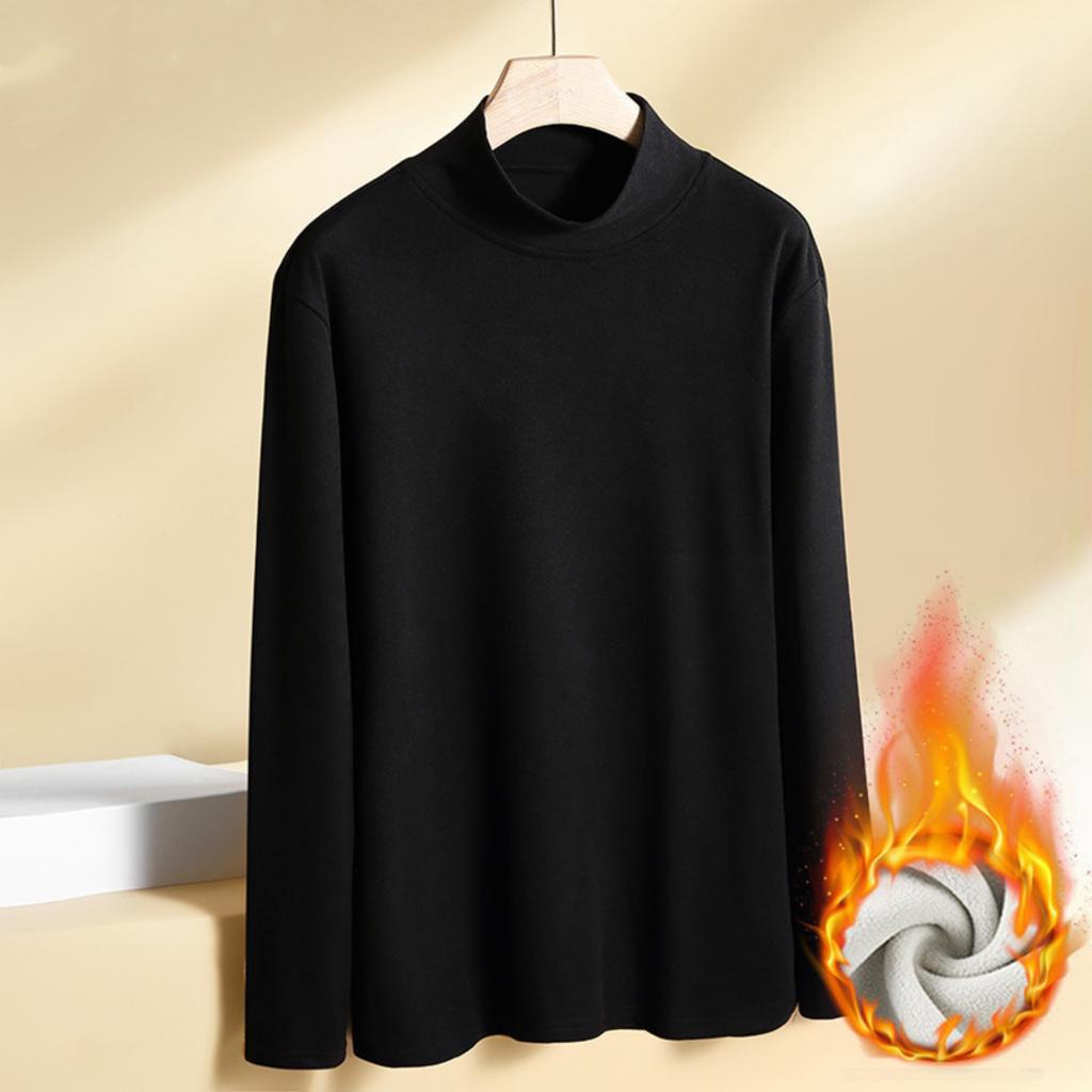 Men's Solid-color Casual High-neck Fitted Long-sleeved T-shirt, Men's Suede Warm Base Layer Top
