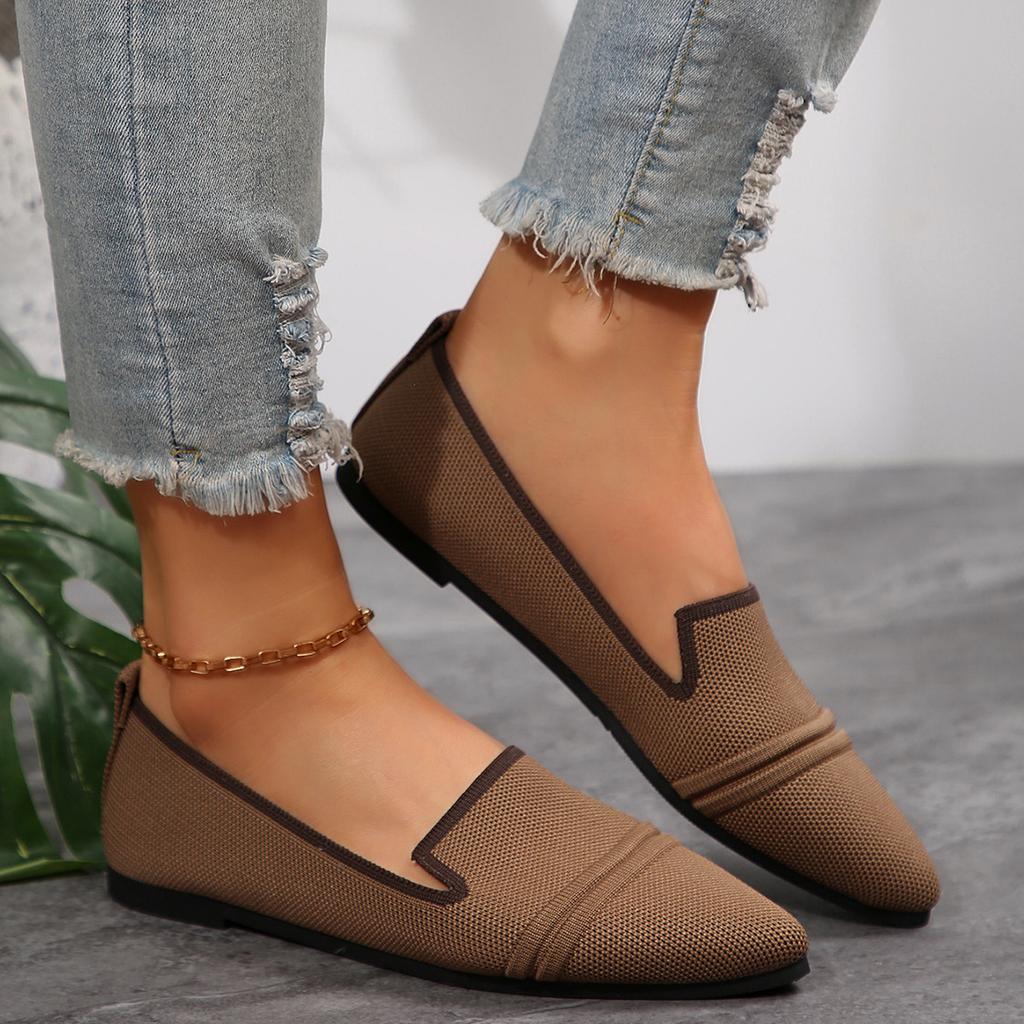 Women's Pointed Toe Flat Shoes Solid Color Knitted Slip On Shoes Casual Breathable Flats Women Flat Loafers Comfort Ladies Shoes