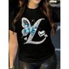 Женская футболка европейского размера с блестящим дизайном бабочки и сердца из страз | Черная, с коротким рукавом, с круглым вырезом, универсальная для весны/лета/осени