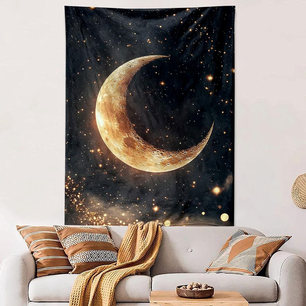 Golden Crescent Moon in Starry Night Sky Wall Tapestry Celestial Sparkling Stars Decor for Bedroom Dorm
