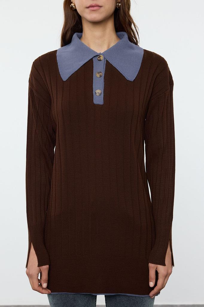 Women's Fashionable Stylish Hijab Sweater Brown Blue Color Block Corduroy Knitwear Sweater