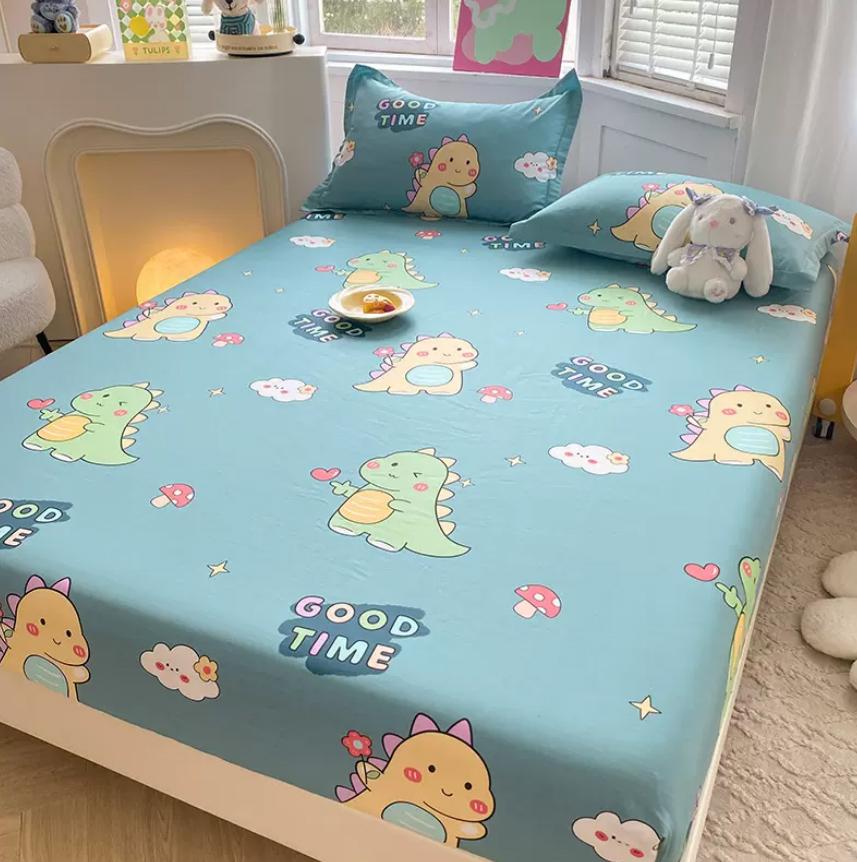 Cartoon Space Animal Printed Fitted Sheet with Elastic Band + 2pcs Pillowcases 100% Cotton Mattress Protector For Kids 16 Sizes
