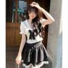 Japanese Kawaii 2 Piece Skirt Set Elegant Vintage College Style Striped Bow Top + Women Sweet Lace High Waisted Skirt Female