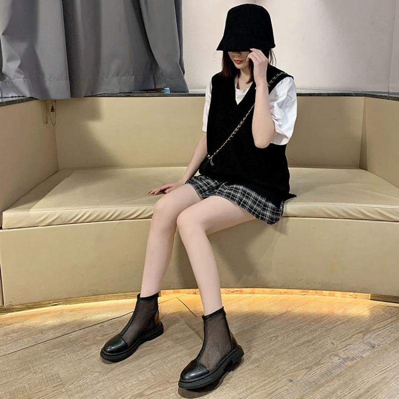 Женские ботильоны, черные сандалии, сетчатые ботильоны с круглым носком, короткие туфли для женщин, элегантные, на низком каблуке, удобные, размер 39