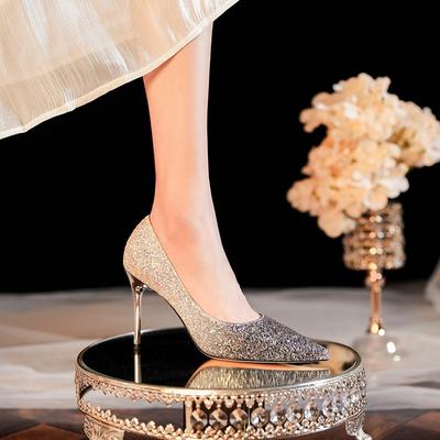 Летние высокие каблуки с градиентом, женские туфли на тонком каблуке с блестками, свадебные туфли