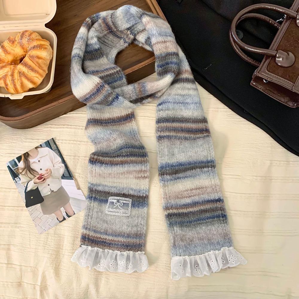 Lace Rainbow Striped Scarf Plush Winter Shawl Fashion Cashmere Knitted Scarf  Daily