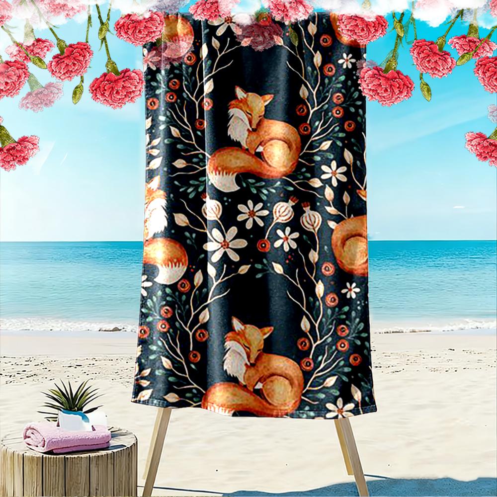 Fox and Floral Pattern Design Beach Towel quick-drying for travel outdoor sports jogging beach and swimming