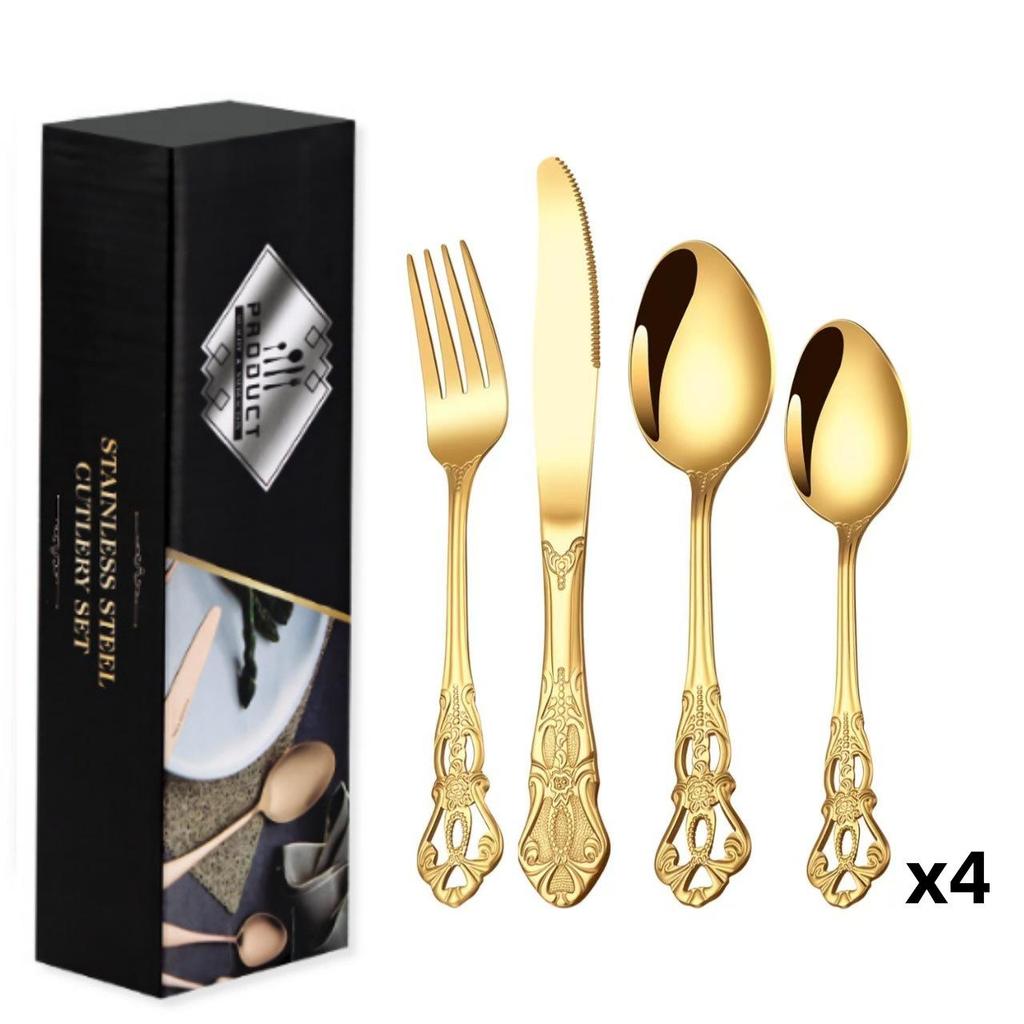 Набор столовых приборов Royal Court из 24 предметов из нержавеющей стали - Тисненые полые ножи для стейка, вилки и ложки