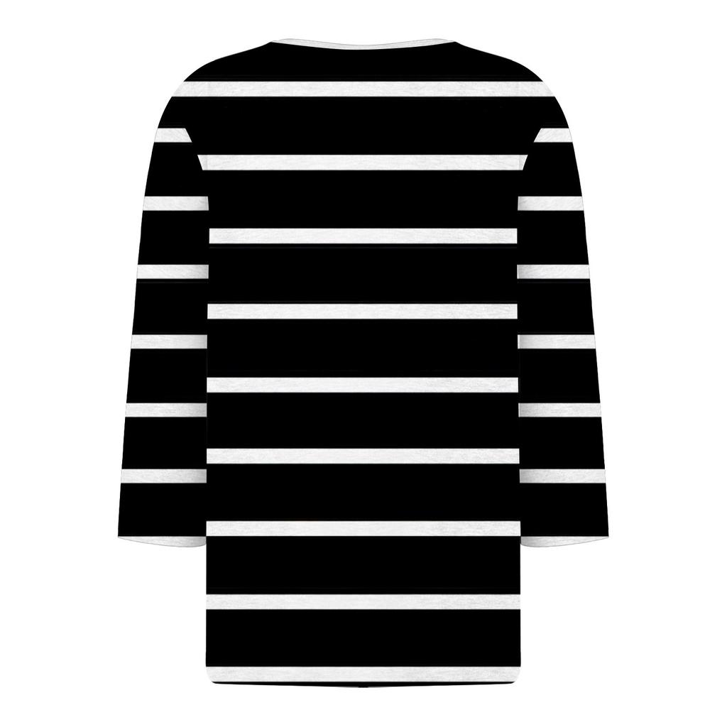 Women's Fashion Casual Striped Print V-Neck Decorative Button Three-quarter Sleeve T-Shirt Top