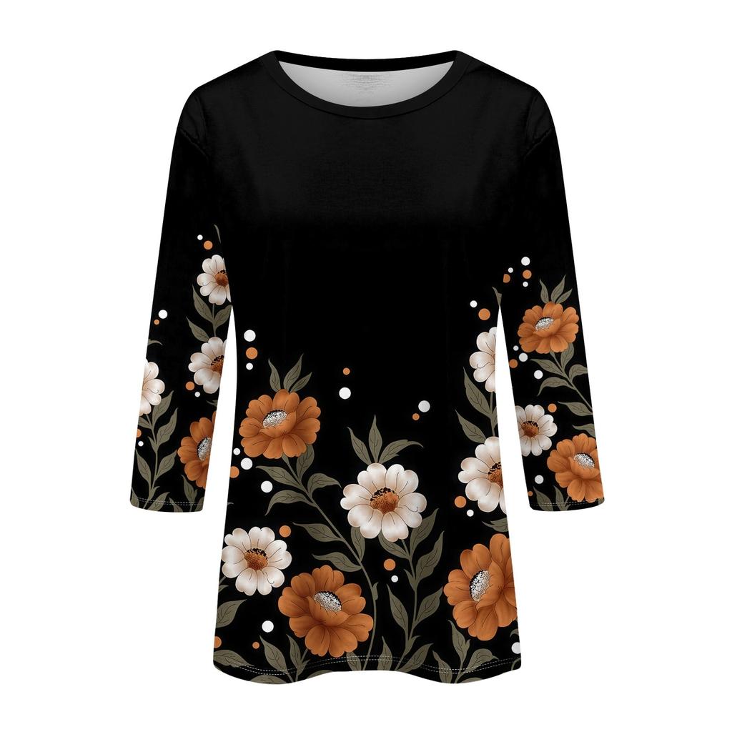 Женская модная футболка с цветочным принтом и круглым вырезом, рукав три четверти, повседневный топ