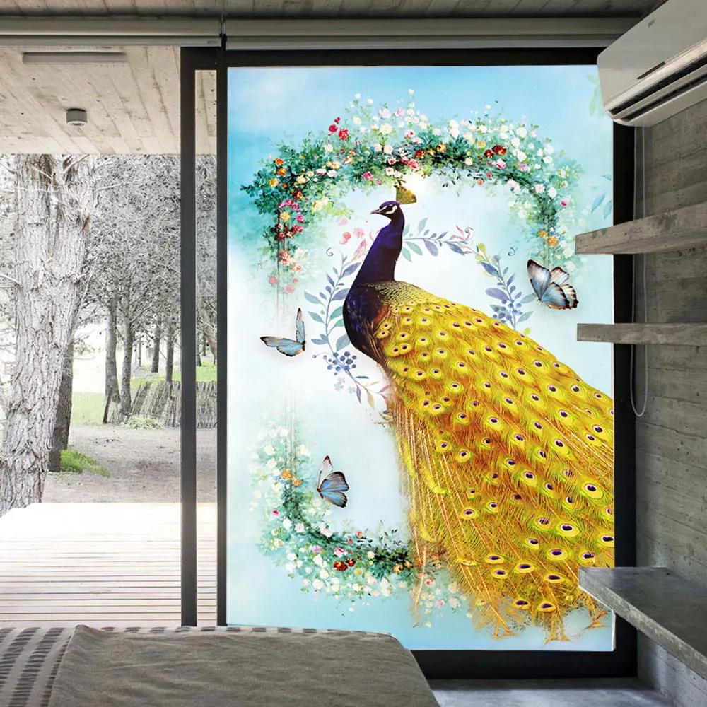 No Glue Window Film Privacy Beautiful Peacock Glass Sticker Sun Protection Window Tint for Homedecor