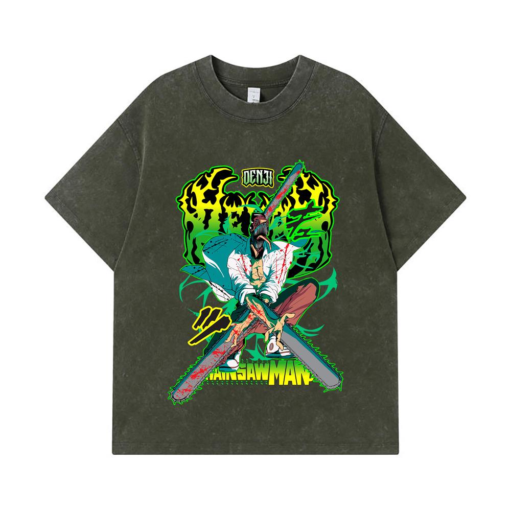 275 GSM Washed T-shirts 100% Cotton Chainsaw Man V36 Denji Pochita Print Unisex Heavy Cotton T Shirt