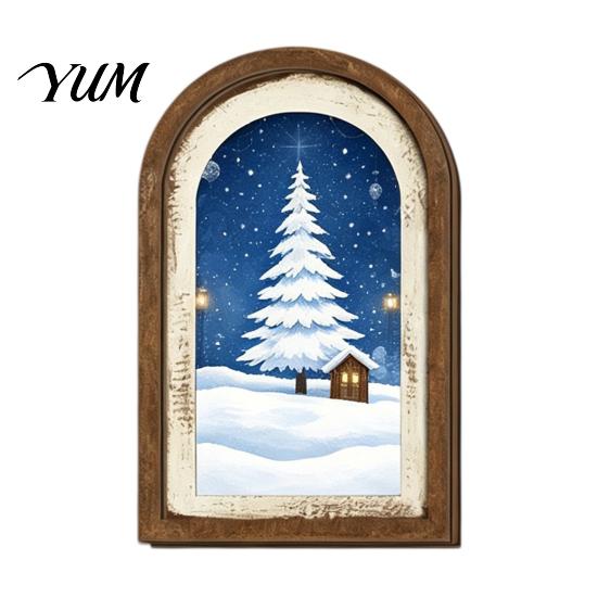 Glowing Christmas House Pictures Vintage Arched Wooden Wall Art, Double Layer Wood Framed Sign, Farmhouse Tree Decorations Xmas Print Hanging