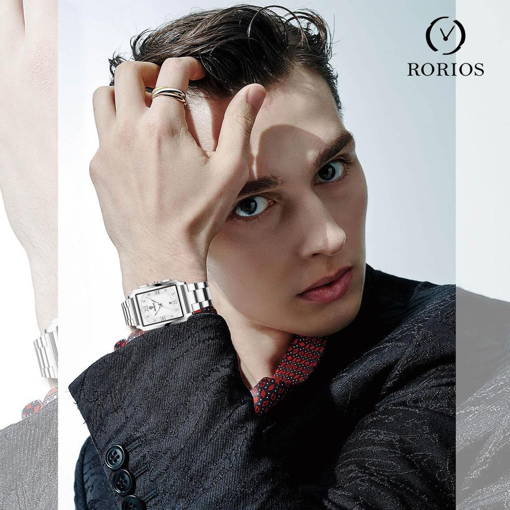 RORIOS Men's Square Quartz Wristwatch with Date Display, Water Resistant, Luminous Design, Metal Strap, Classic Design, Multi-Function, Stylish,