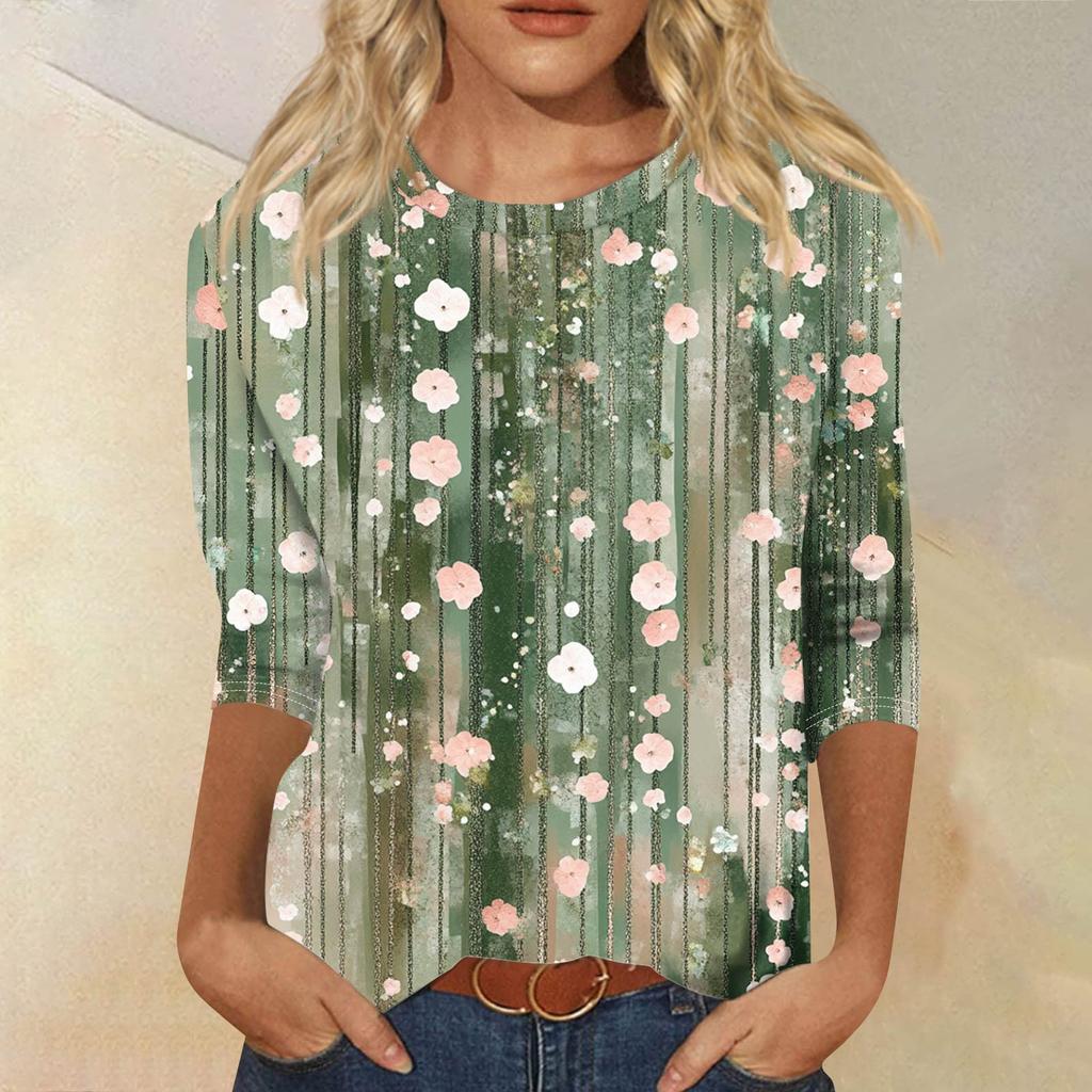 Женская модная повседневная футболка с рукавом семь восьмых, принтом и круглым вырезом