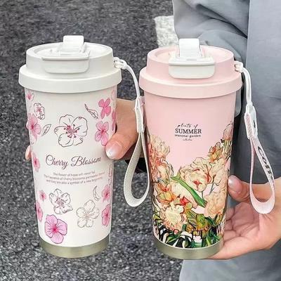 Кружка для кофе Woman Flower объемом 500 мл из нержавеющей стали 316 с трубочкой и термосом для непосредственного питья